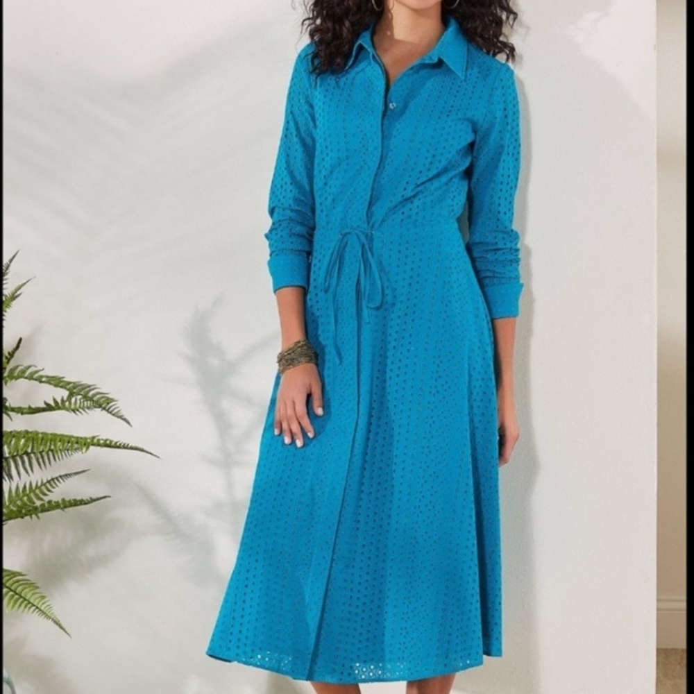 Soft Surroundings Teal Turquiose Blue Midi Maxi Dress Long slv eyelet sz Small